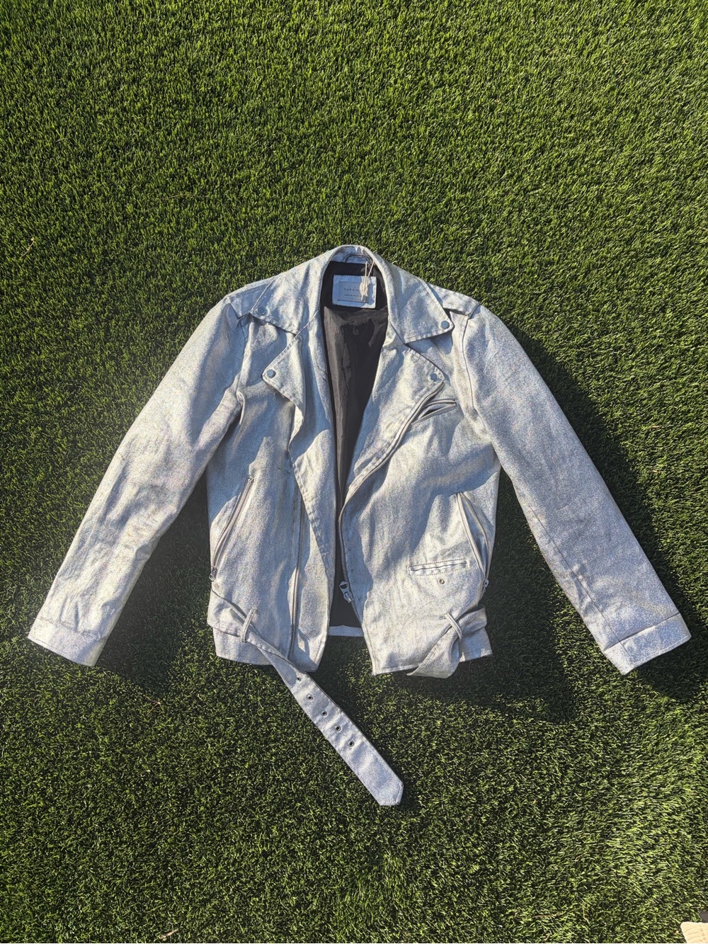 Zara Metallic Silver Moto Leather Jacket